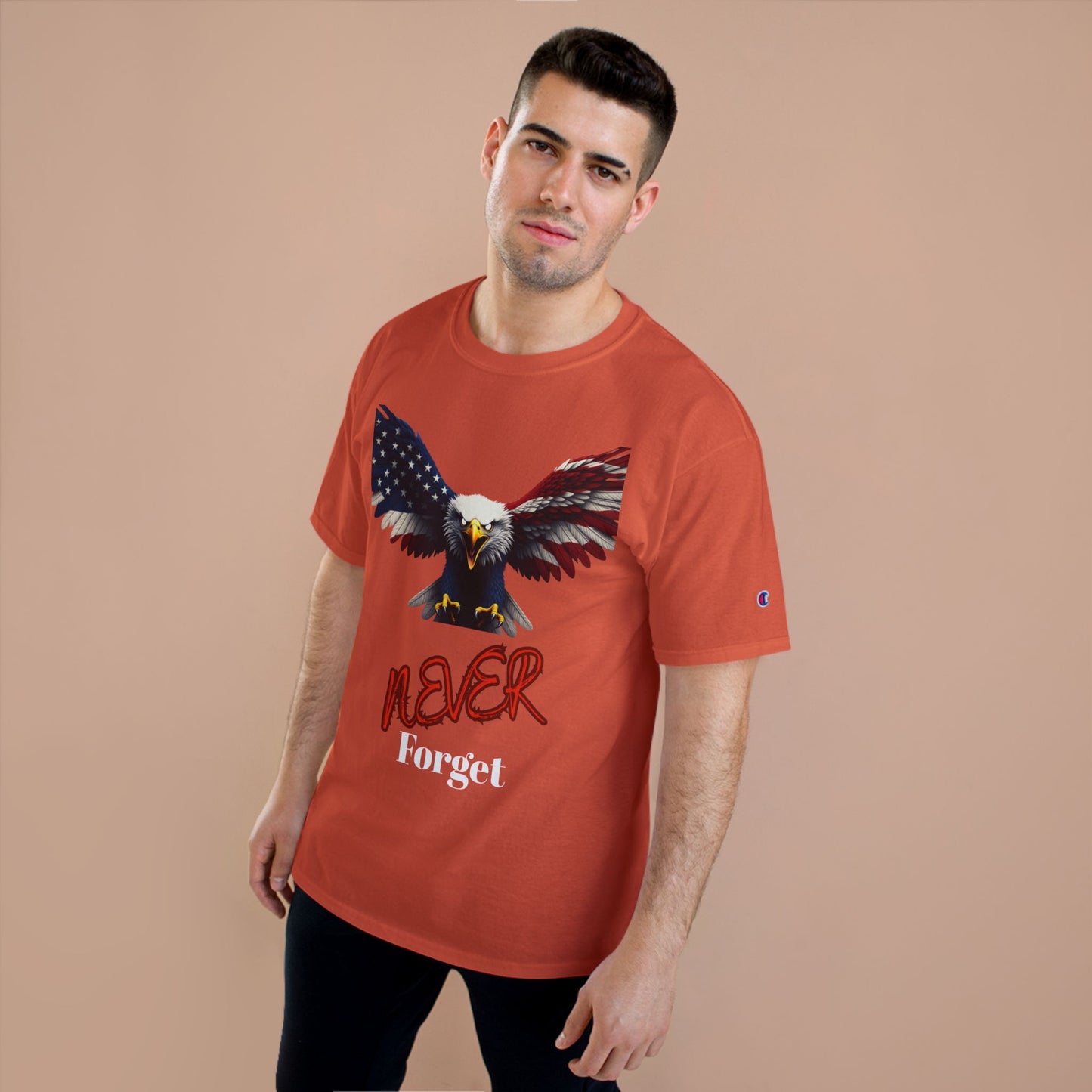 Never Forget Patriotic Eagle on a Champion T-shirt