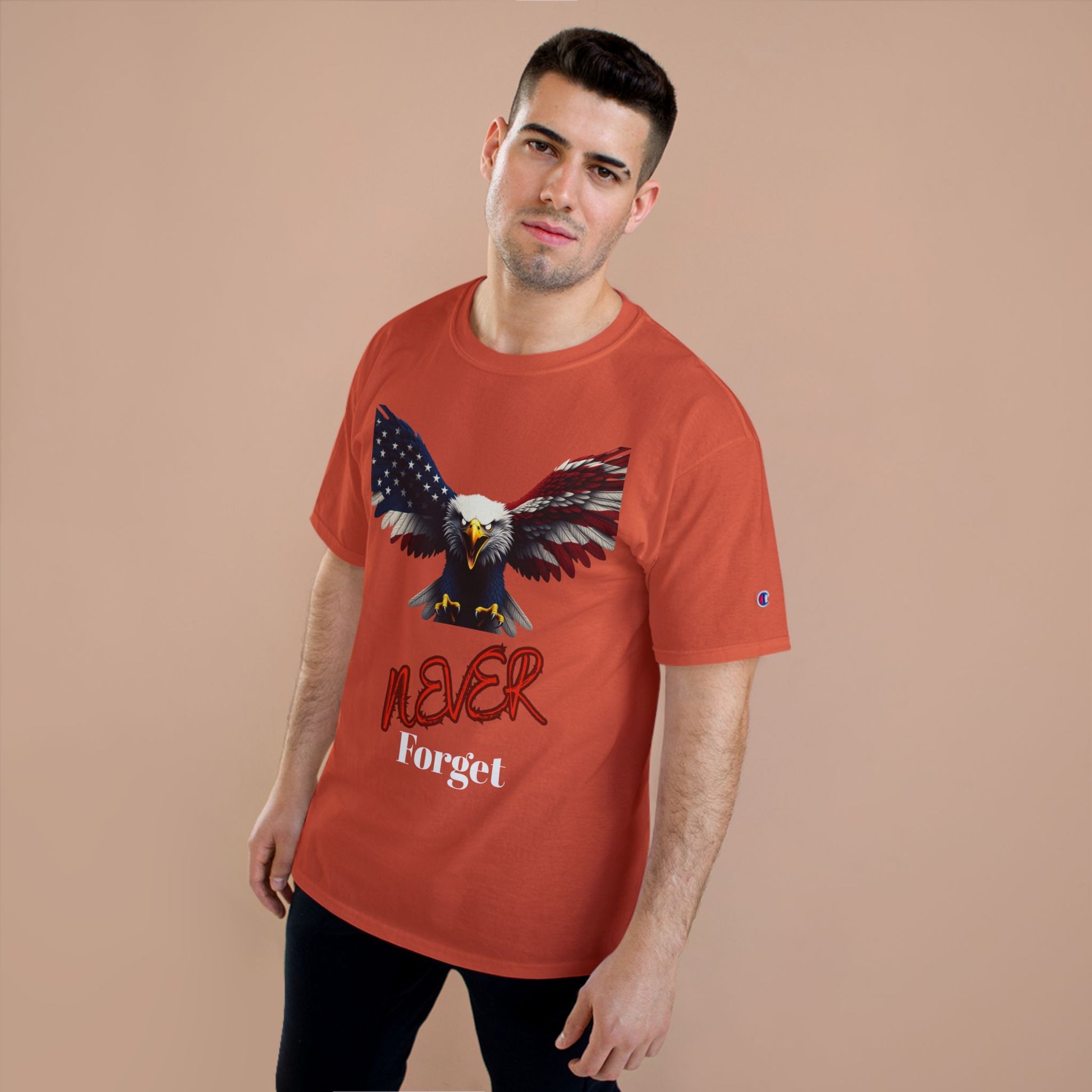 Never Forget Patriotic Eagle on a Champion T-shirt