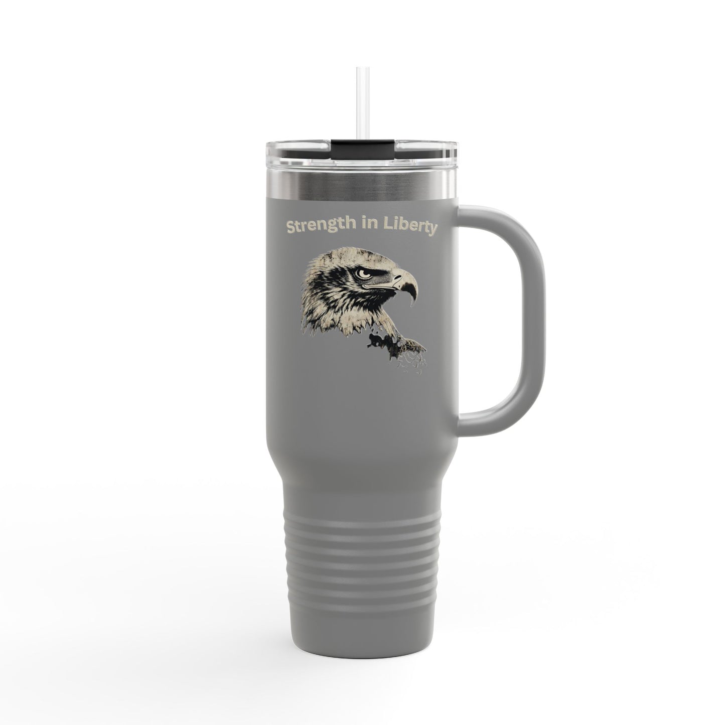 Strength in Liberty text on the top of a  40oz Insulated Travel Mug