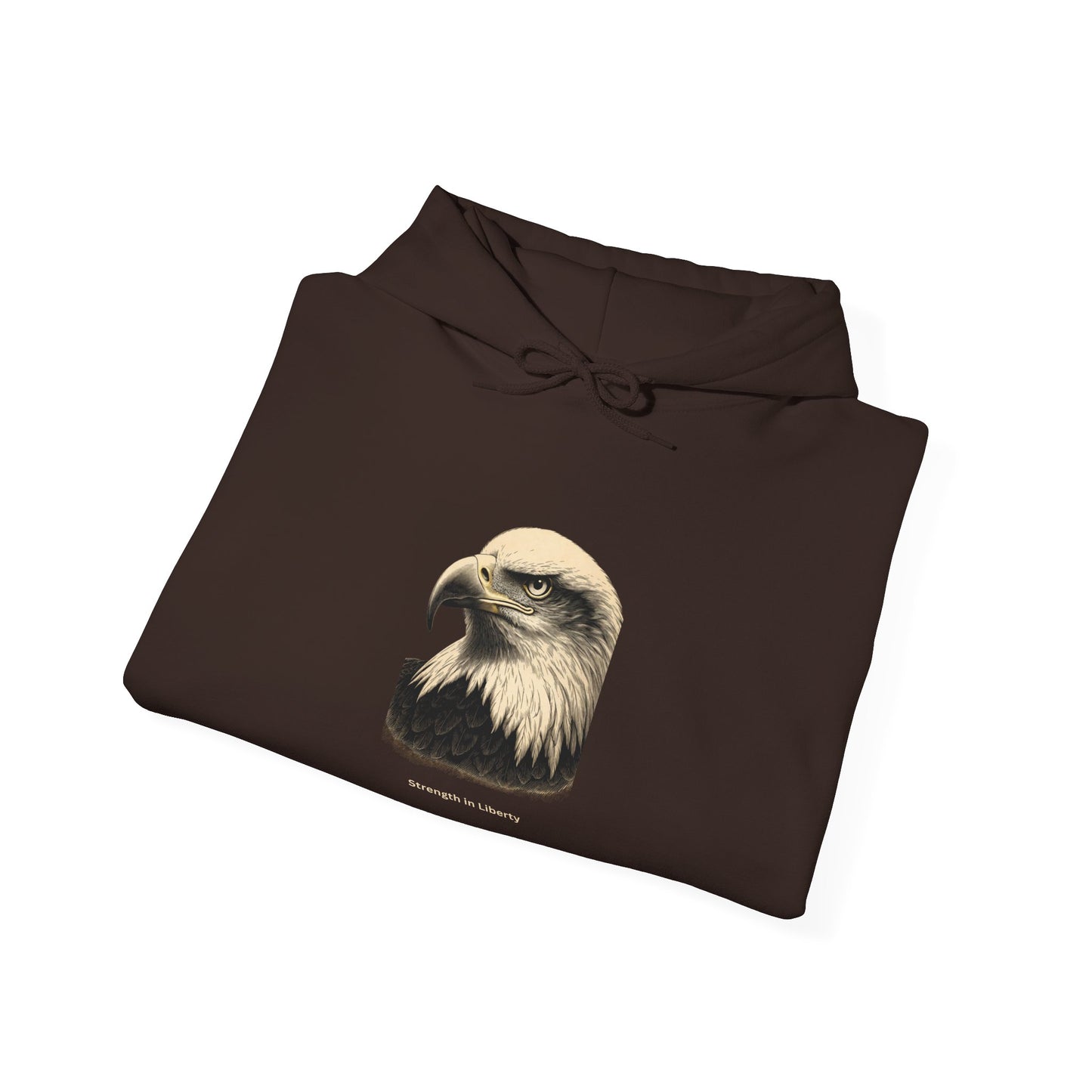 Strength in Liberty smaller text below an eagle head on a Pullover Hoodie