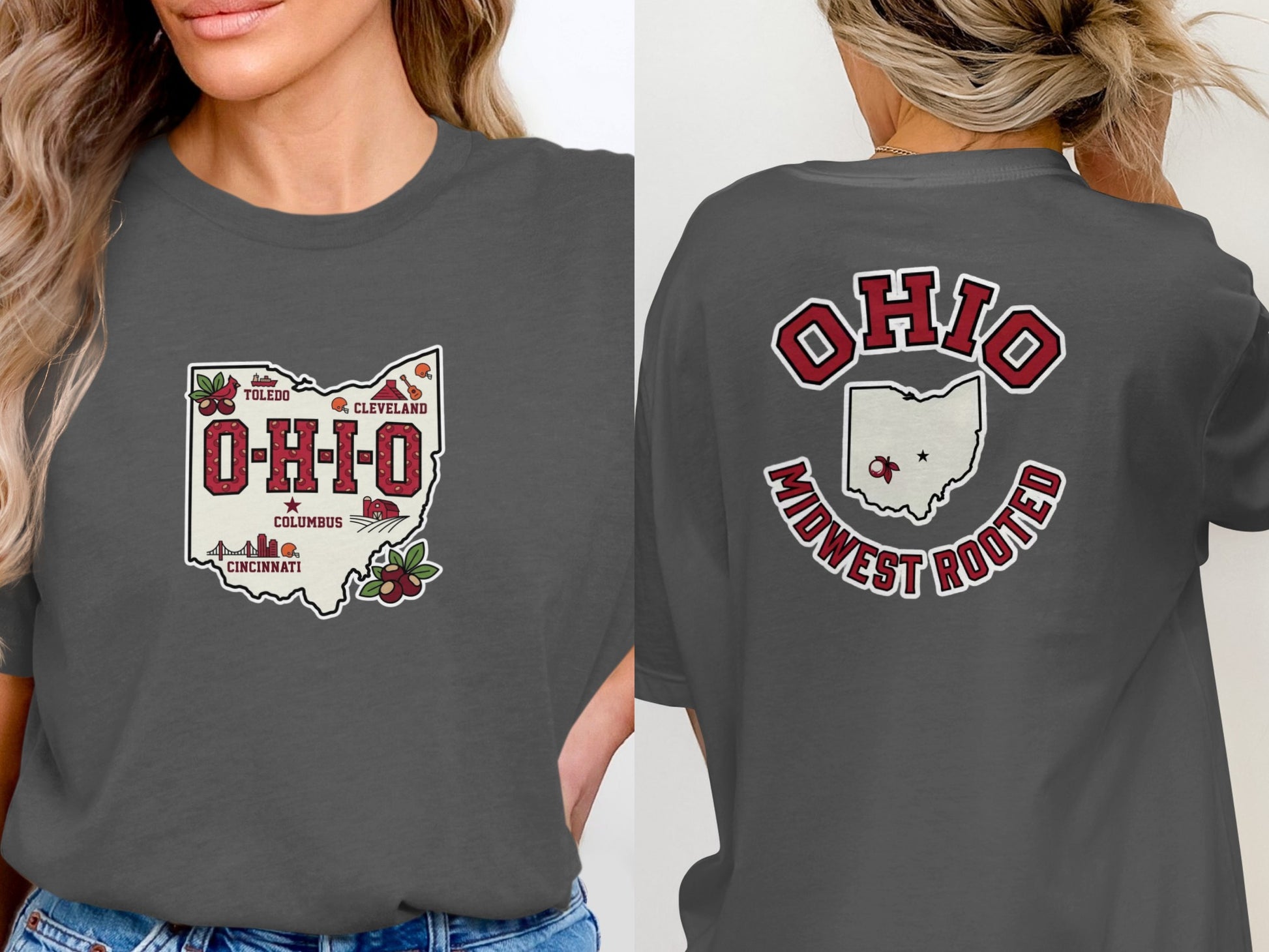 Dark gray t-shirt with Ohio map graphic and text "Ohio Midwest Rooted".