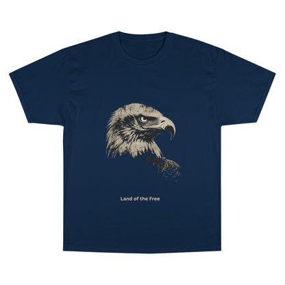 Land of the Free small font text below an eagle head on a Champion Tee