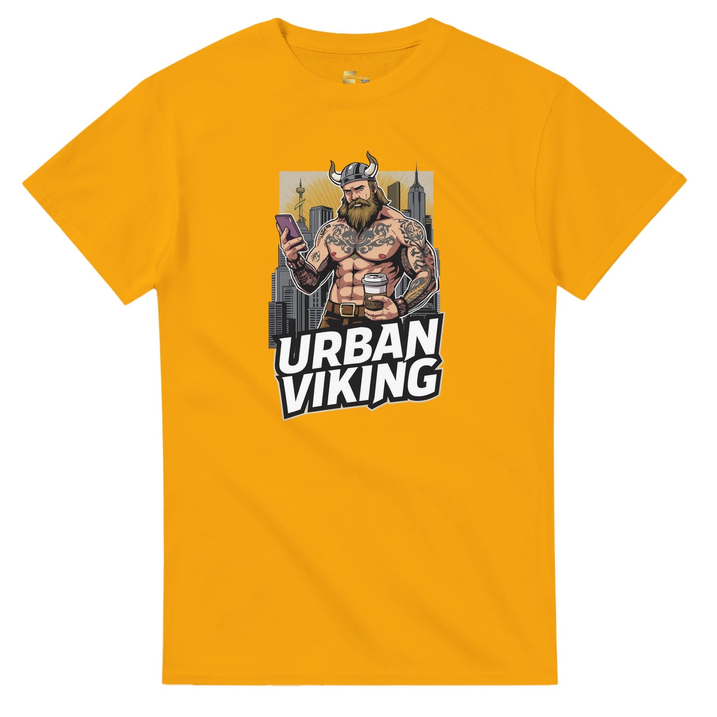 Person wearing a gray t-shirt with 'Urban Viking' graphic design in an indoor setting