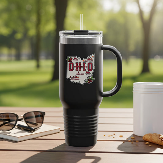 Travel mug with Ohio map graphic and city names.