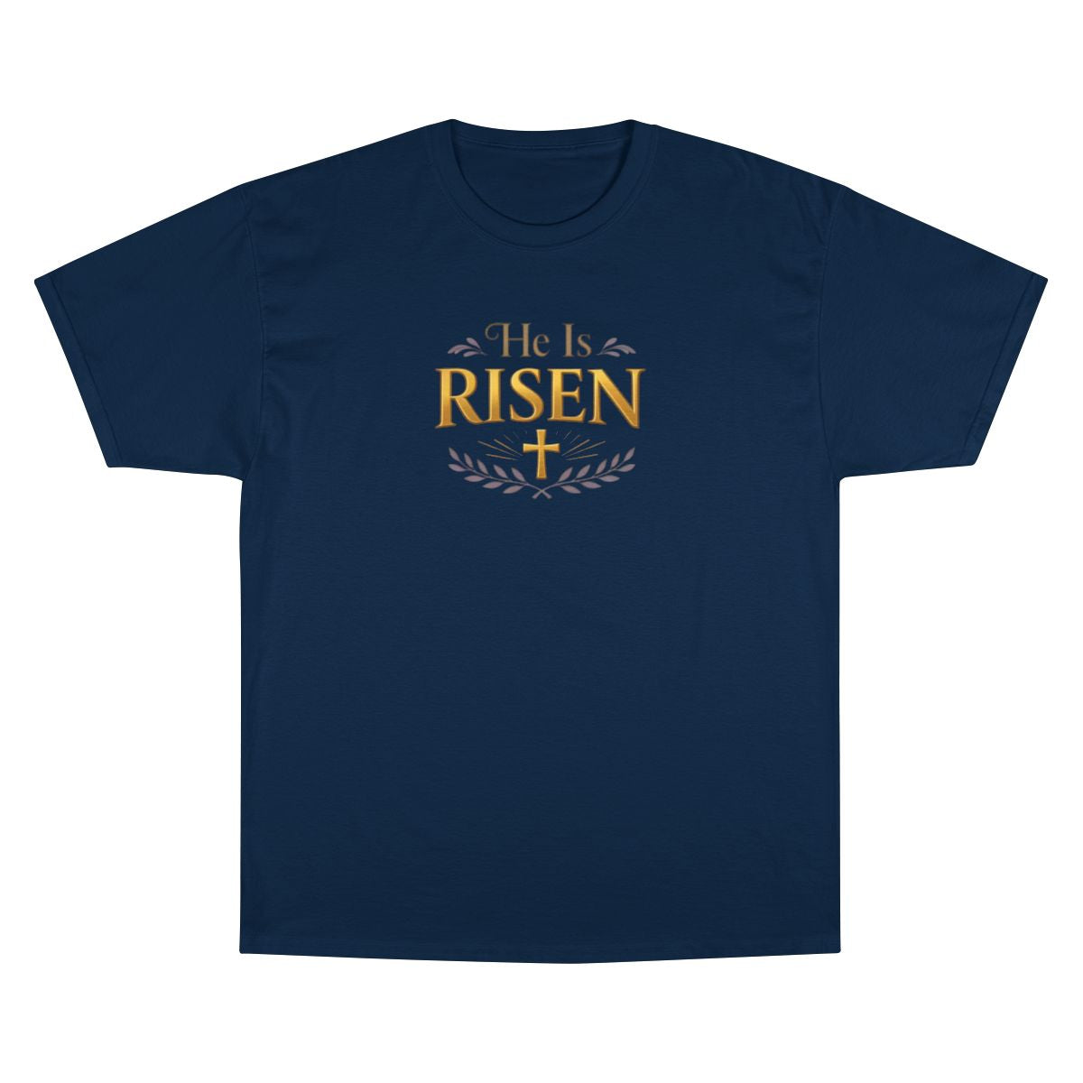 He Is Risen Gold Text Cross Navy Blue Product Type