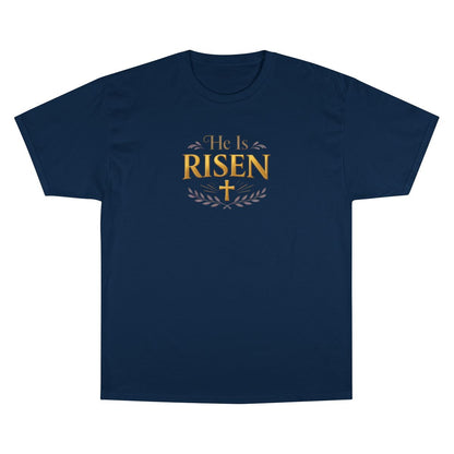 He Is Risen Gold Text Cross Navy Blue Product Type