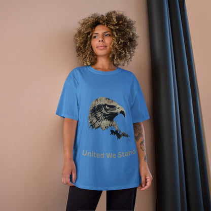 United We Stand text below an eagle head on a Champion Tee