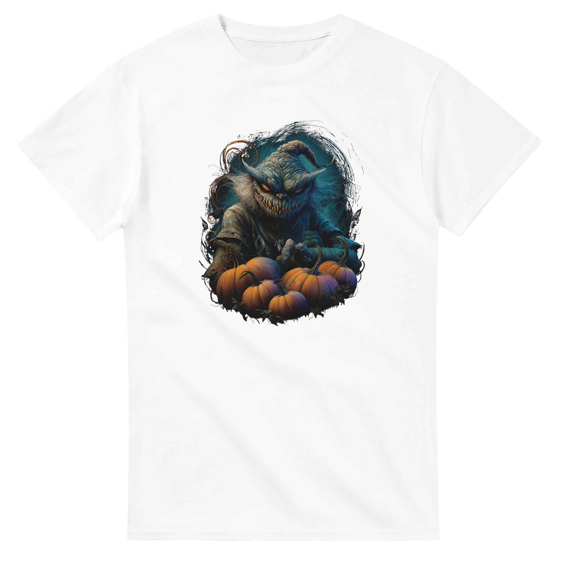Spooky Scarecrow & Pumpkins on a Heavyweight T-shirt