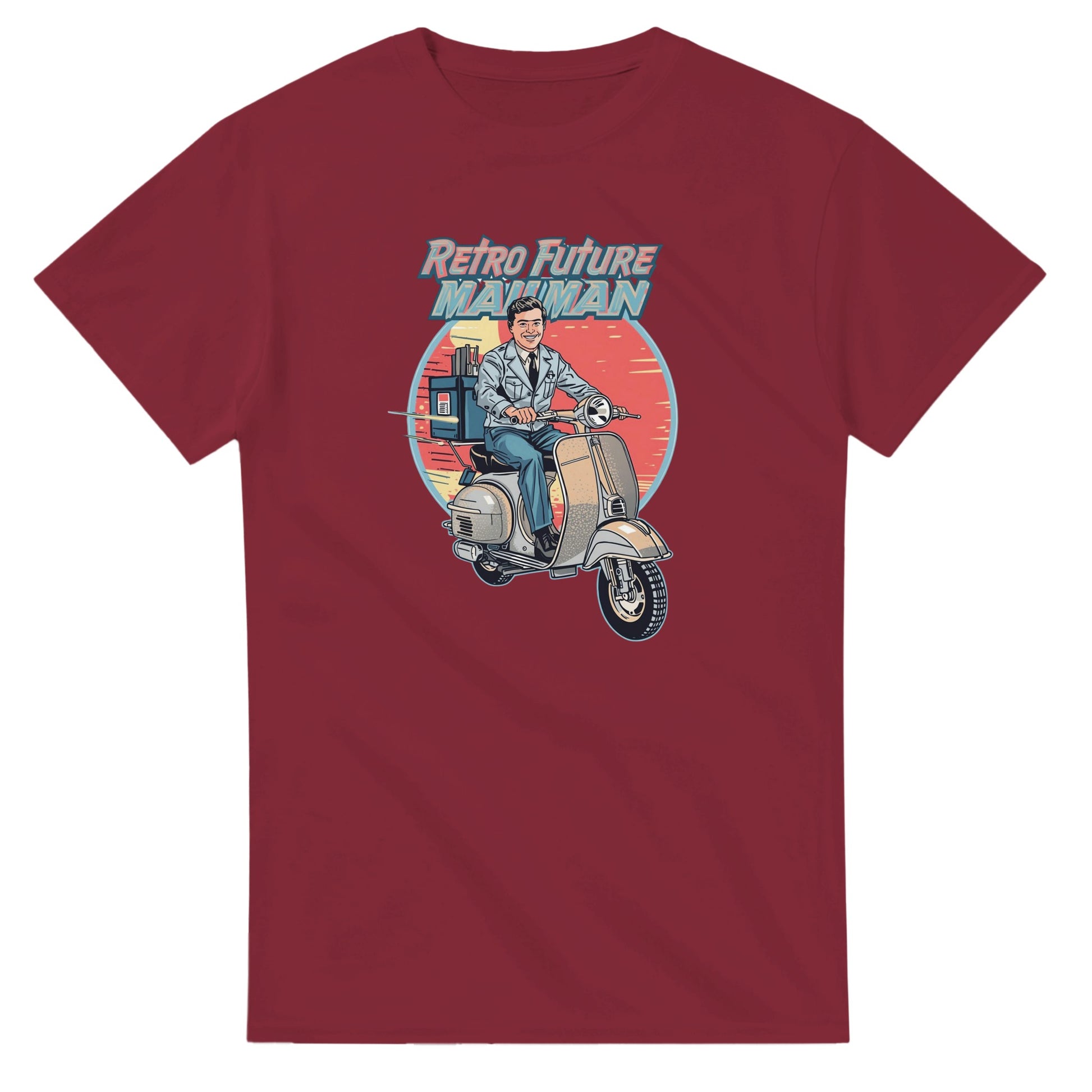 Man wearing a t-shirt with a retro design of a man on a scooter.
