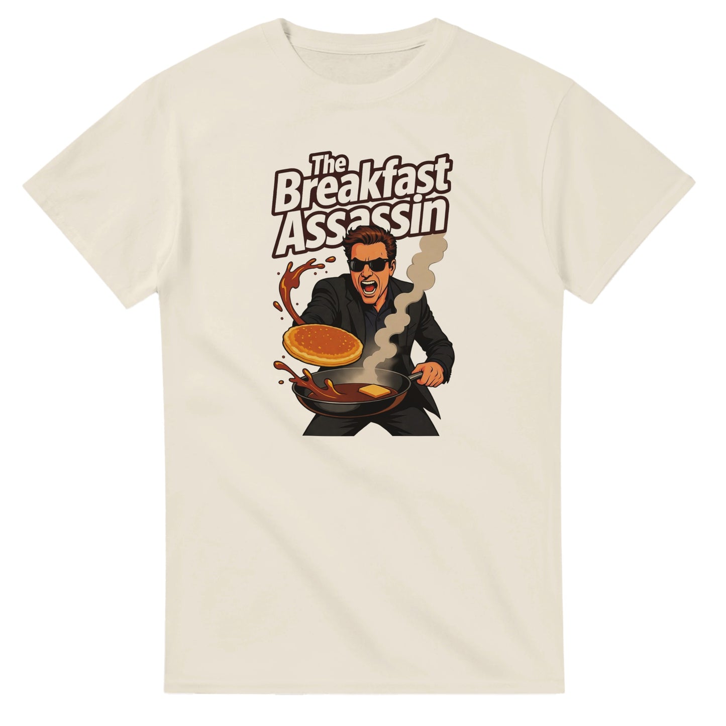 The Breakfast Assassin graphic design on a Heavyweight T-shirt