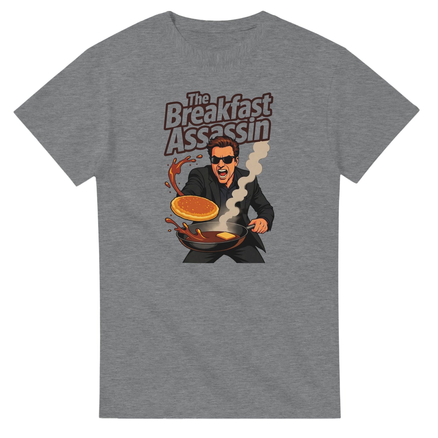 The Breakfast Assassin graphic design on a Heavyweight T-shirt