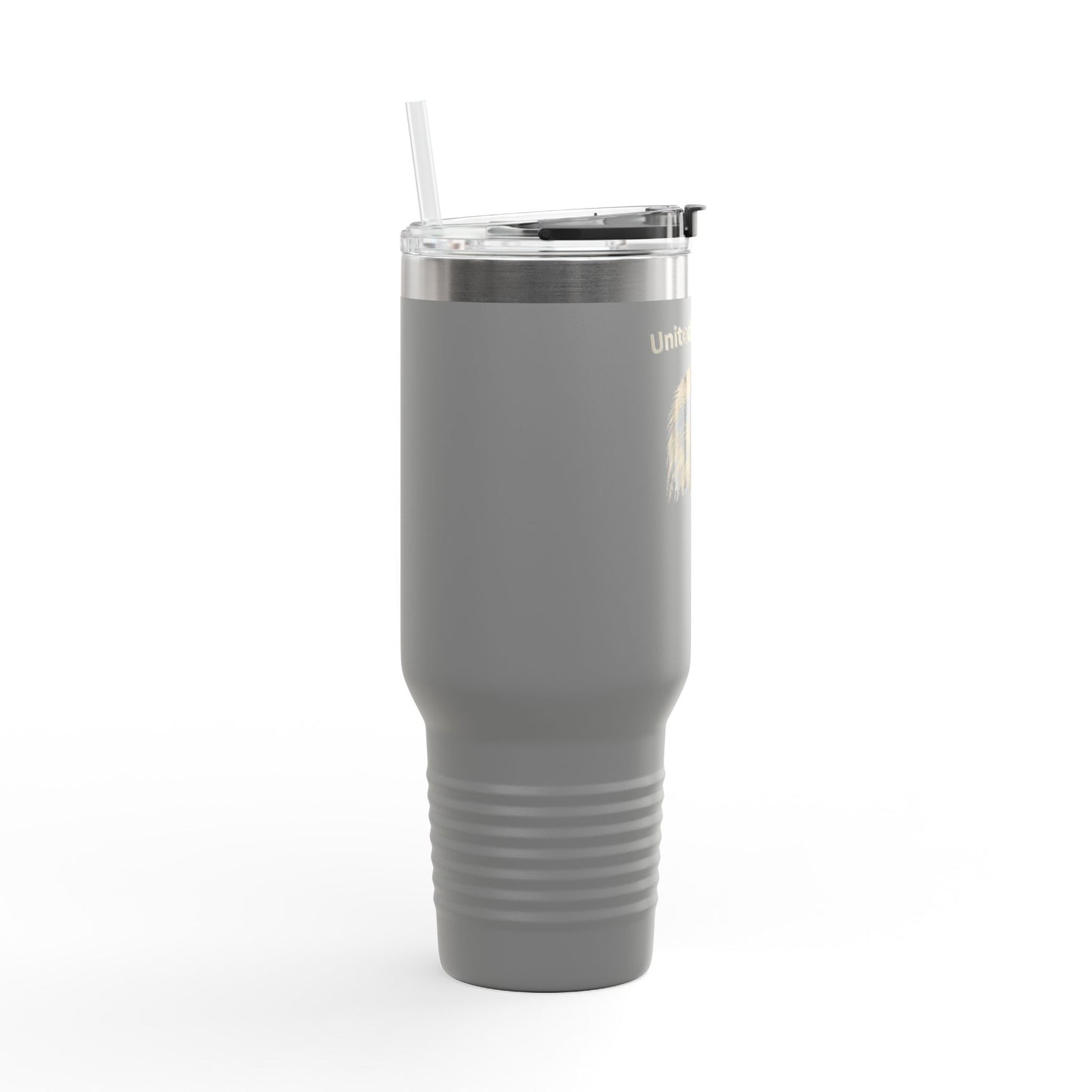 United We Stand text on the top of a  40oz Insulated Travel Mug
