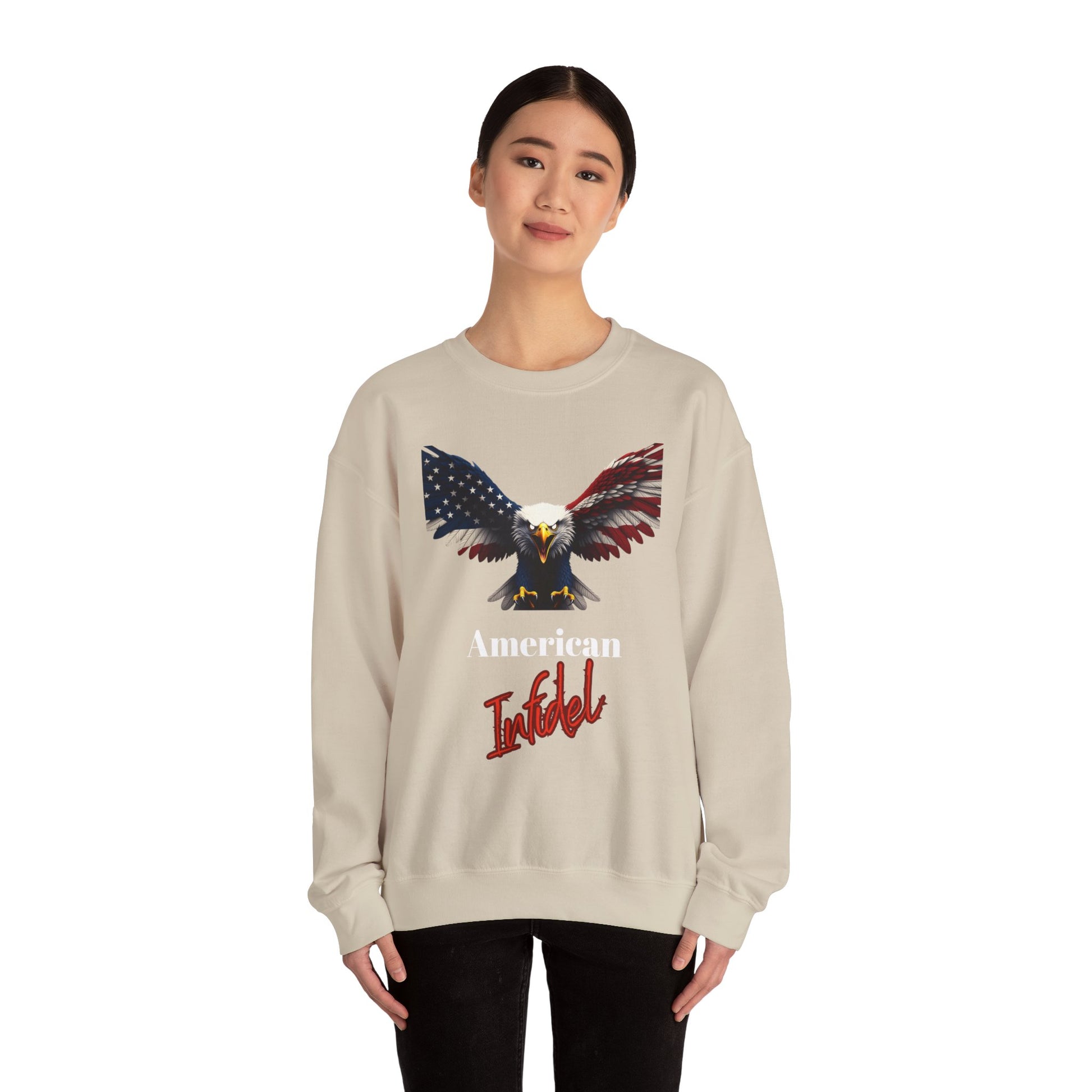 American Infidel Patriotic Eagle text on a Crewneck Sweatshirt