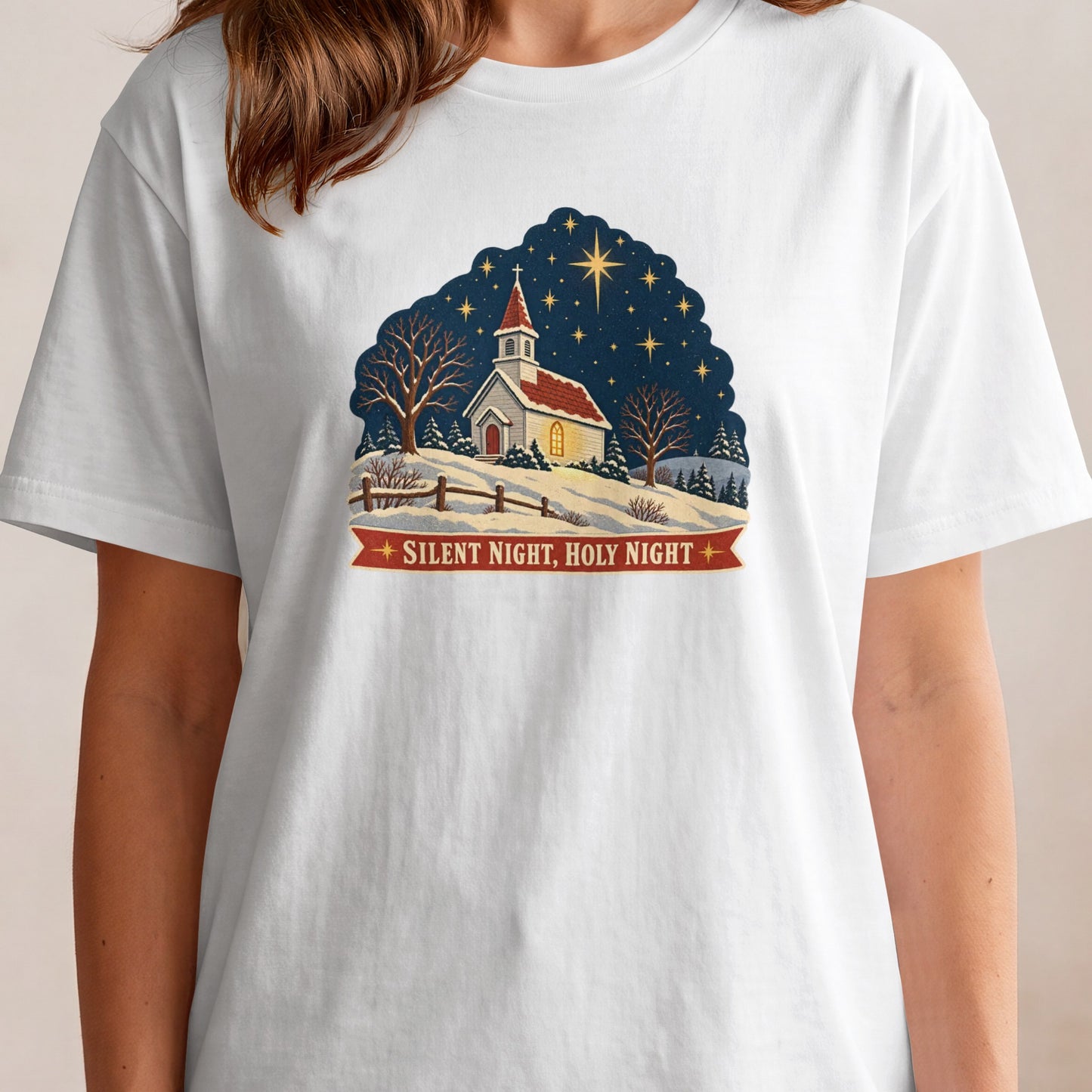 White t-shirt with vintage Christmas church scene and text "Silent Night, Holy Night".