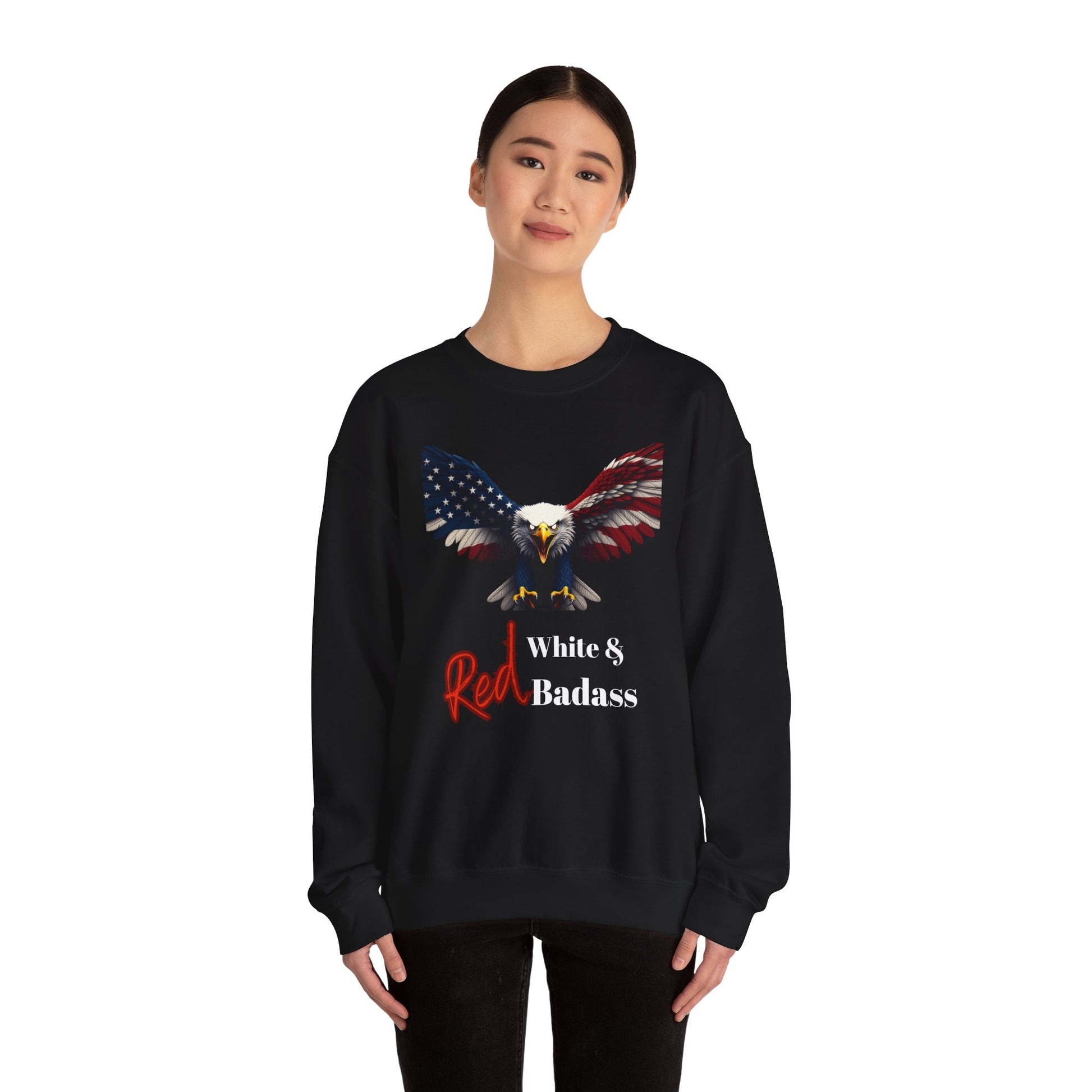 Red White & Badass Patriotic Eagle text on a Crewneck Sweatshirt