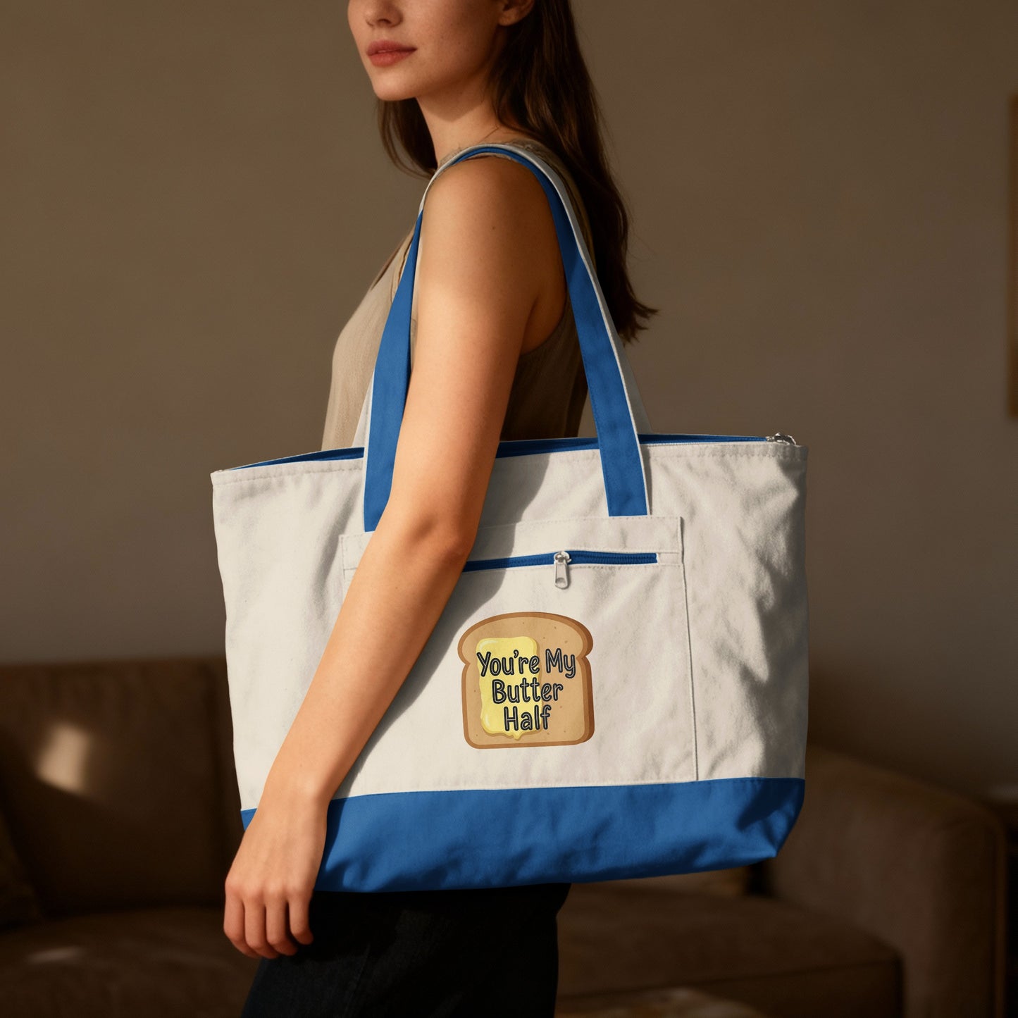 You're My Butter Half phrase on a Zippered Canvas Tote