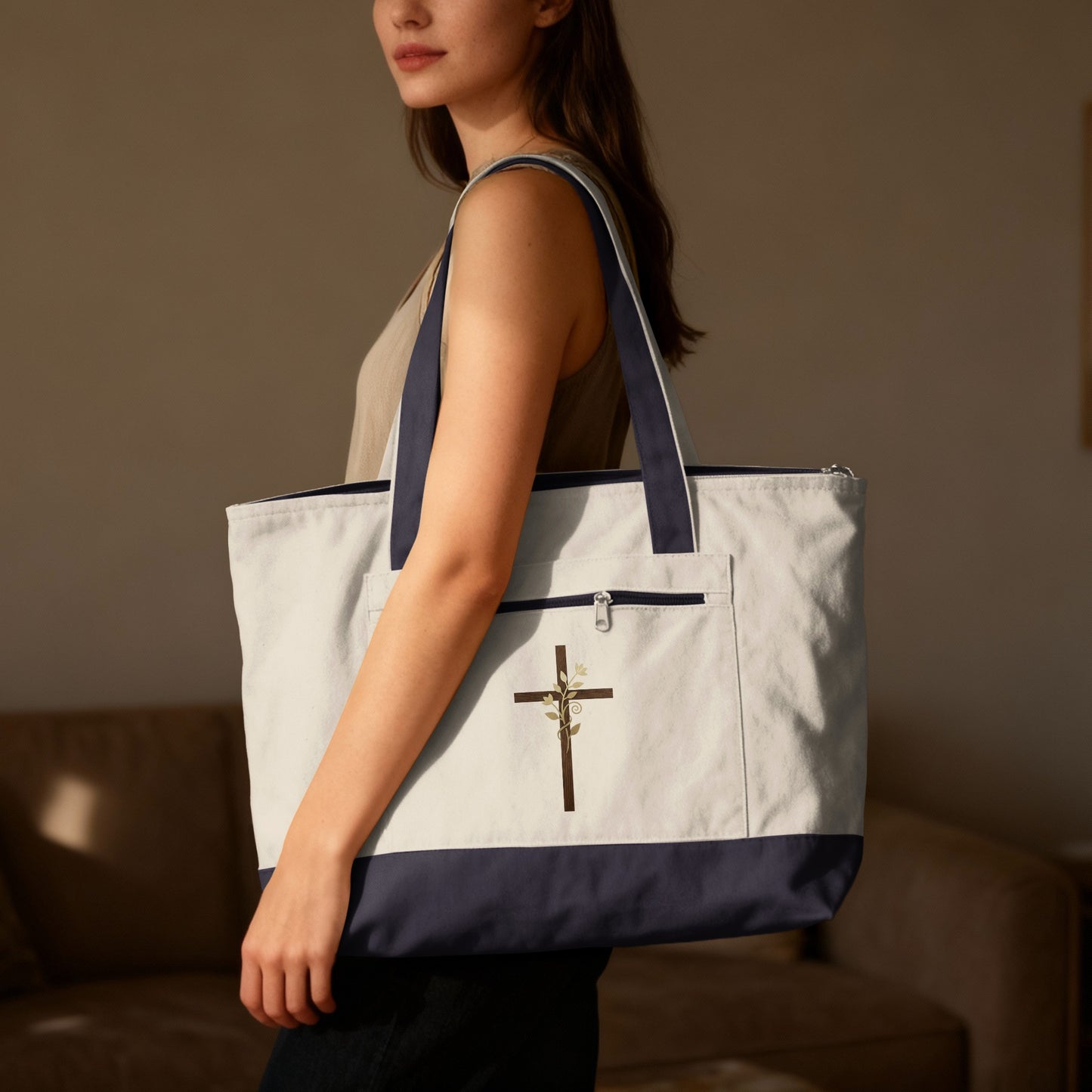 Faith Cross Leaves Zipper White Navy Tote product type