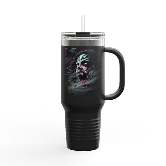 40oz insulated tumbler featuring the wailing Banshee figure, with crows and falling red leaves.