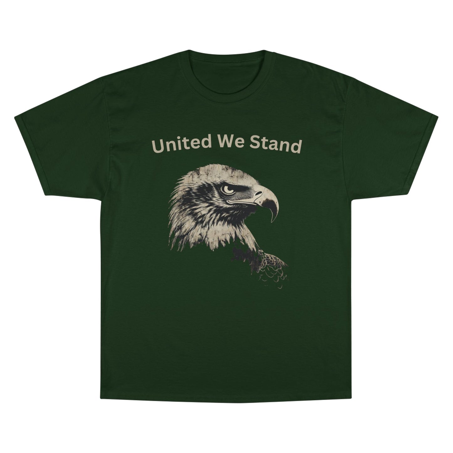 United We Stand text above an eagle head on a Champion Tee