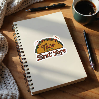 Taco 'Bout Love phrase with a Vintage & Retro design on Kiss-Cut Stickers