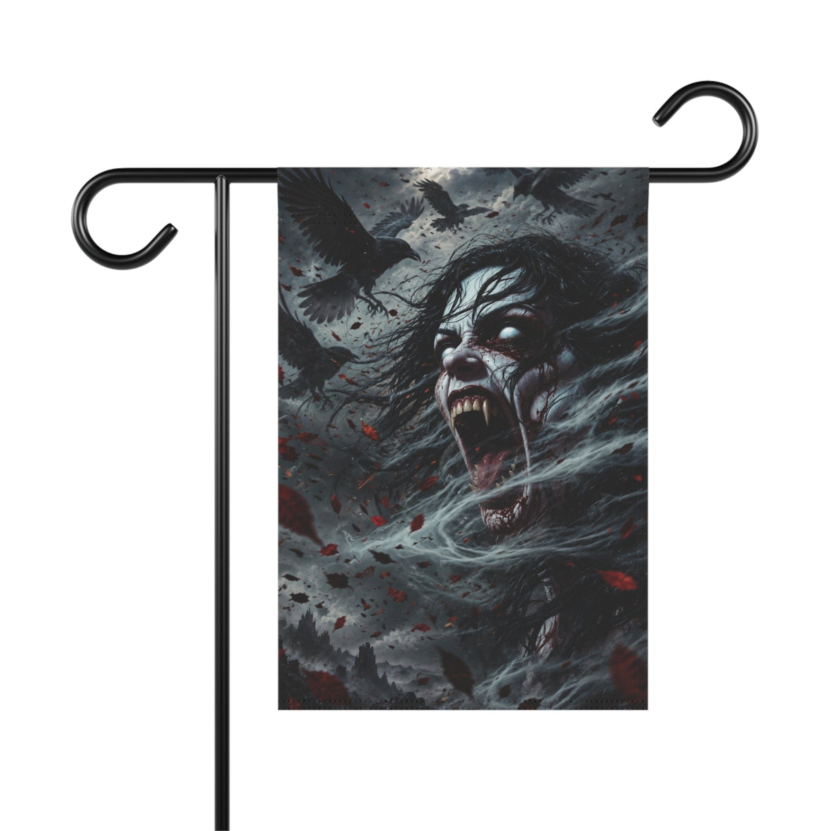 Banshee with wailing face surrounded by mist on a garden flag.