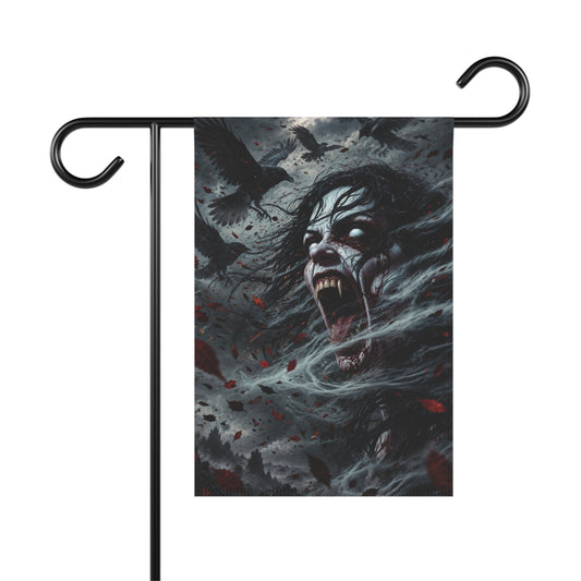 Banshee with wailing face surrounded by mist on a garden flag.