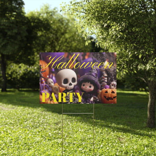 Halloween-themed party sign with cartoon characters on a grassy lawn