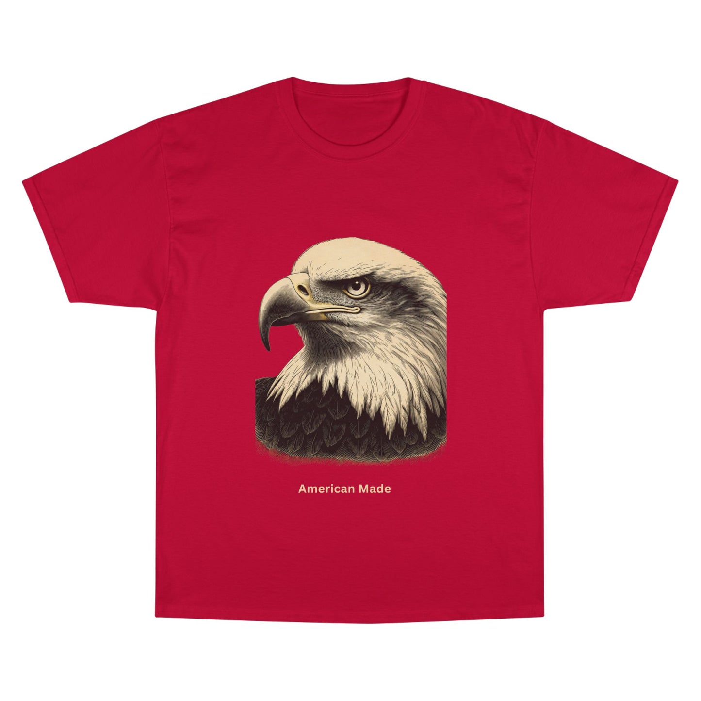 Engraved Eagle - American Made - text on the muted of a Champion Tee