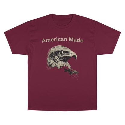 American Made text above an eagle head on a Champion Tee
