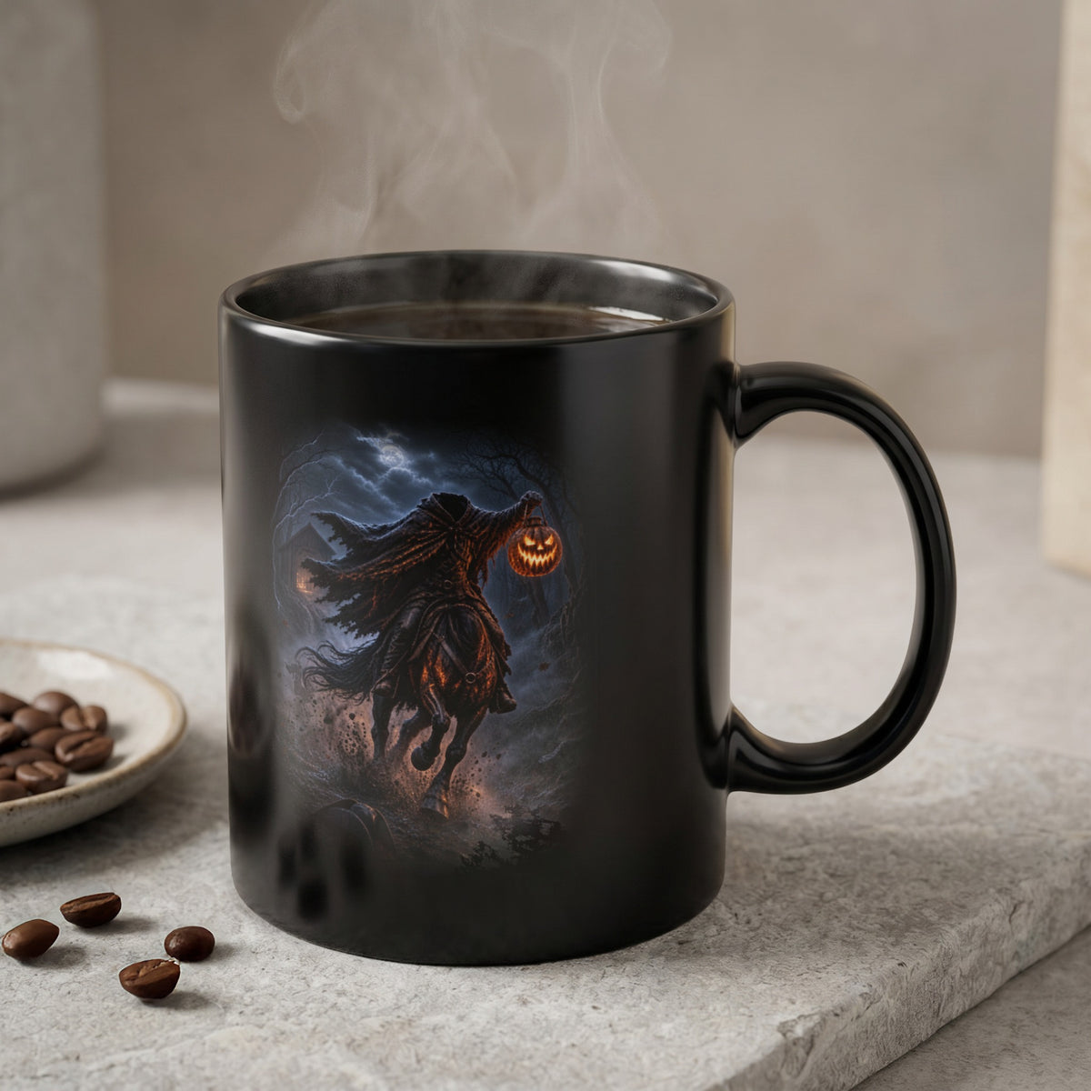 Black mug with headless horseman holding jack-o'-lantern, steaming coffee.