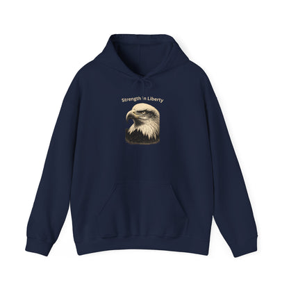 Strength in Liberty text above an eagle head on a Pullover Hoodie