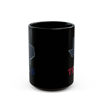 Black mug with outline of Texas and the word "TEXAS" on both sides.