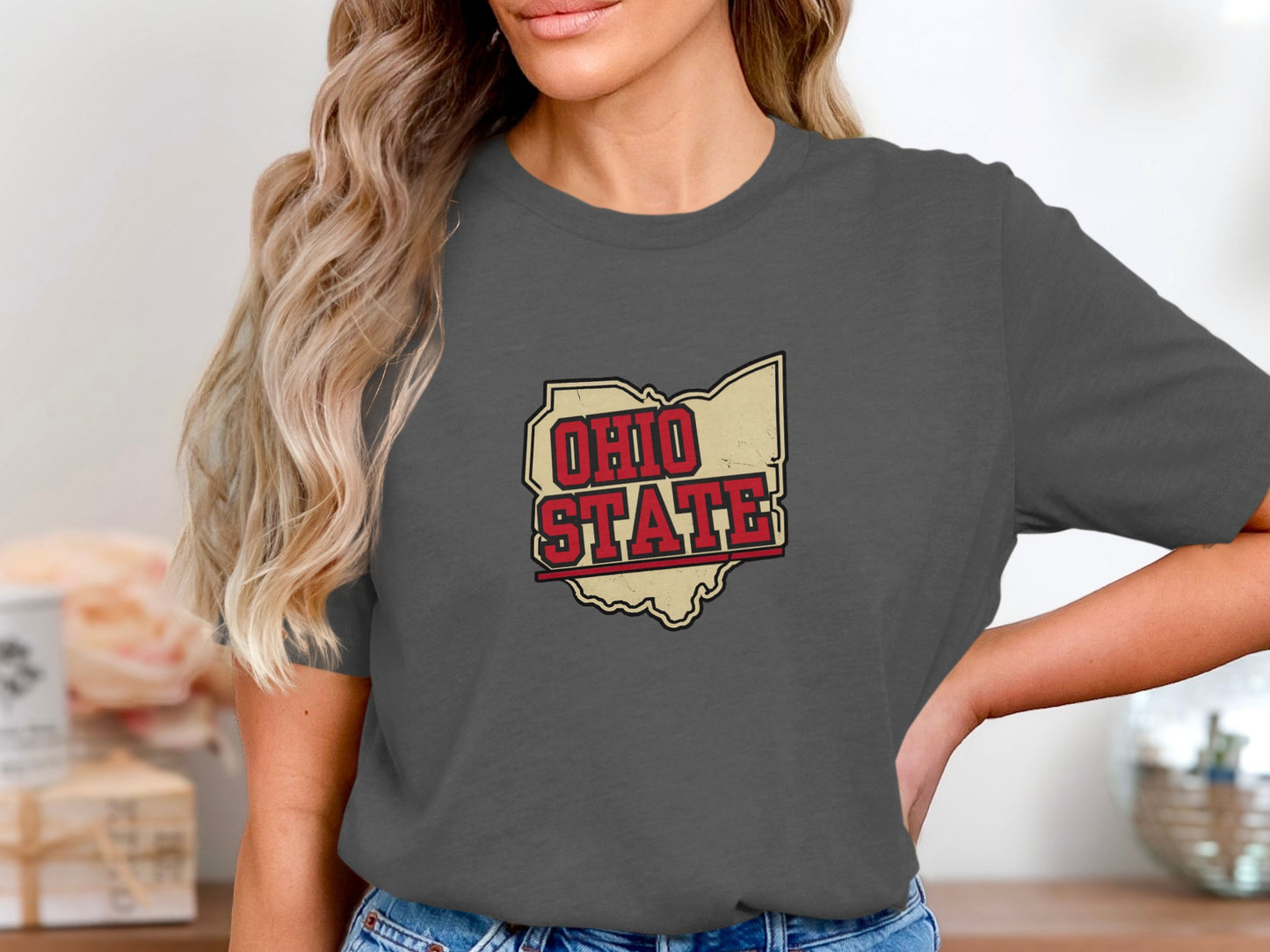 Dark gray t-shirt with "Ohio State" text inside a map outline.