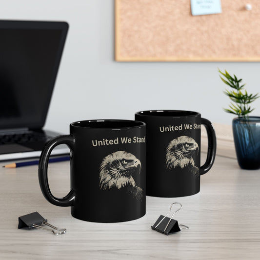Two black mugs with eagle graphic and "United We Stand" text.