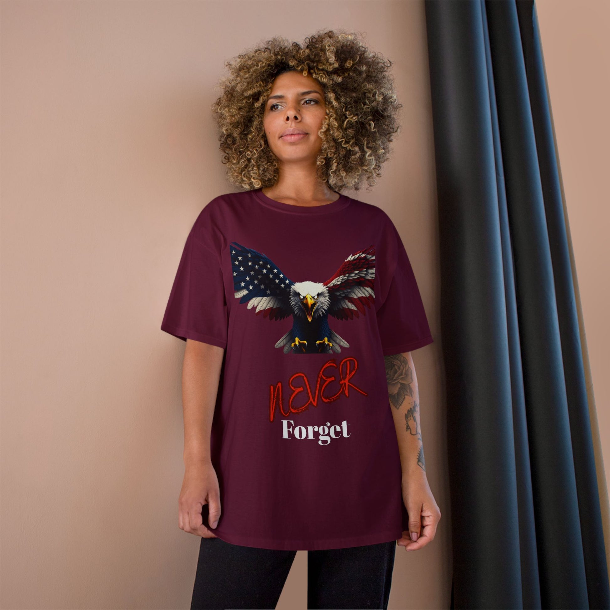 Never Forget Patriotic Eagle on a Champion T-shirt