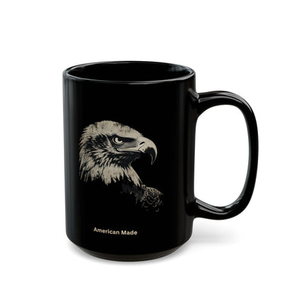 Black mug with bald eagle graphic and "American Made" text.
