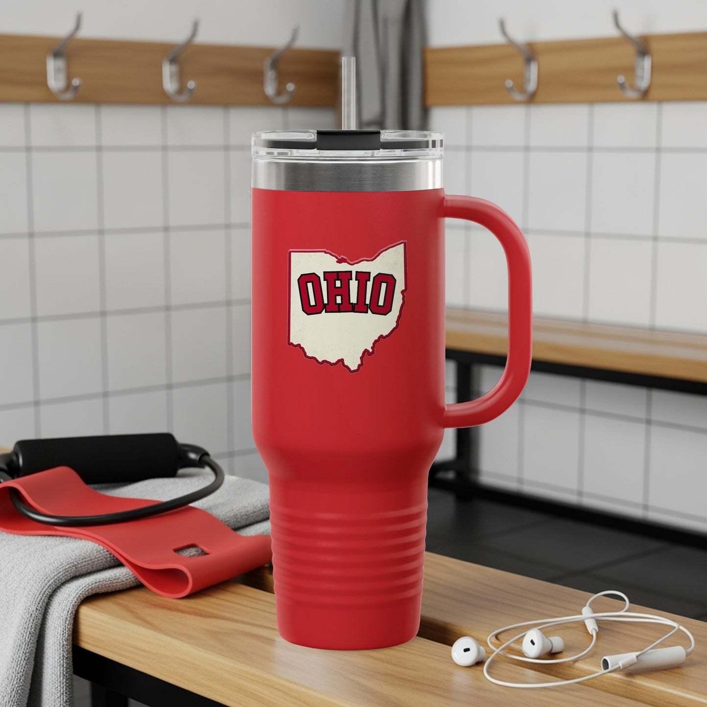 Red tumbler with "Ohio" text in white and cream, with a black handle.