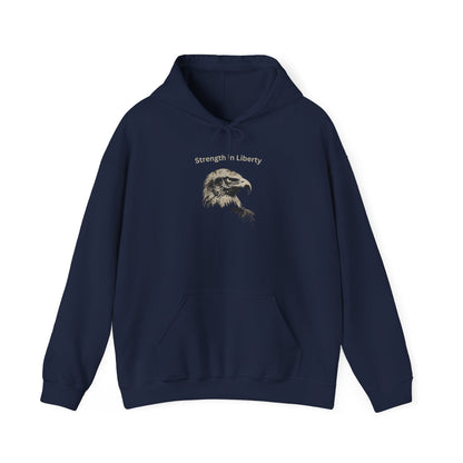Strength in Liberty text above an eagle head on a Pullover Hoodie