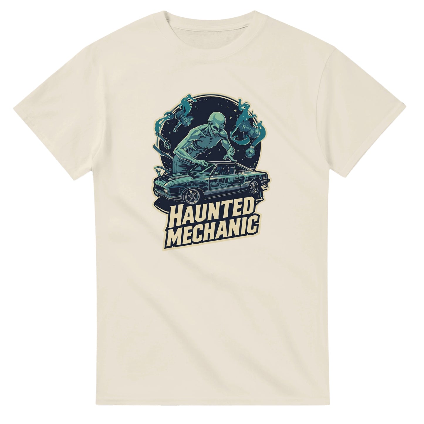 Haunted Mechanic graphic design on a Heavyweight T-shirt