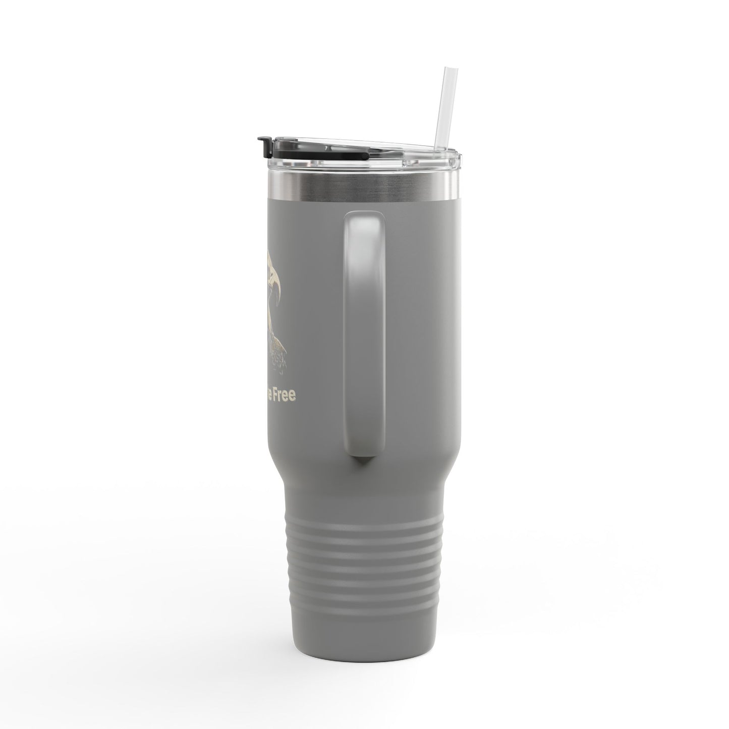 Land of the Free text on the bottom of a  40oz Insulated Travel Mug