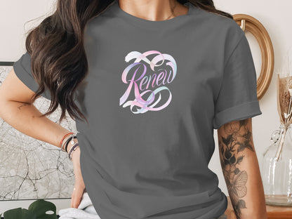 Renew Script Pastel Swirl Dark Gray T-Shirt product type
T-shirt, Tee, Renew, Script, Pastel, Swirl, Gray, Dark Gray, Colorful, Inspirational, Motivational, Women, Graphic, Top, Apparel, Casual, Modern, Calligraphy, Positive, Printed