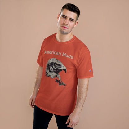 American Made text above an eagle head on a Champion Tee