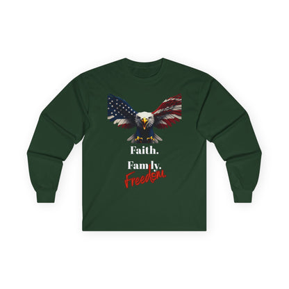 Faith. Family. Freedom Patriotic Eagle on a long sleeve tee
