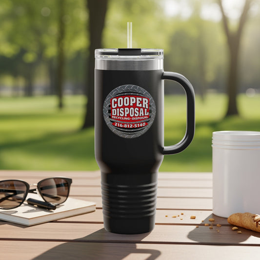 Black travel mug with Cooper Disposal logo and phone number 216-812-5140.