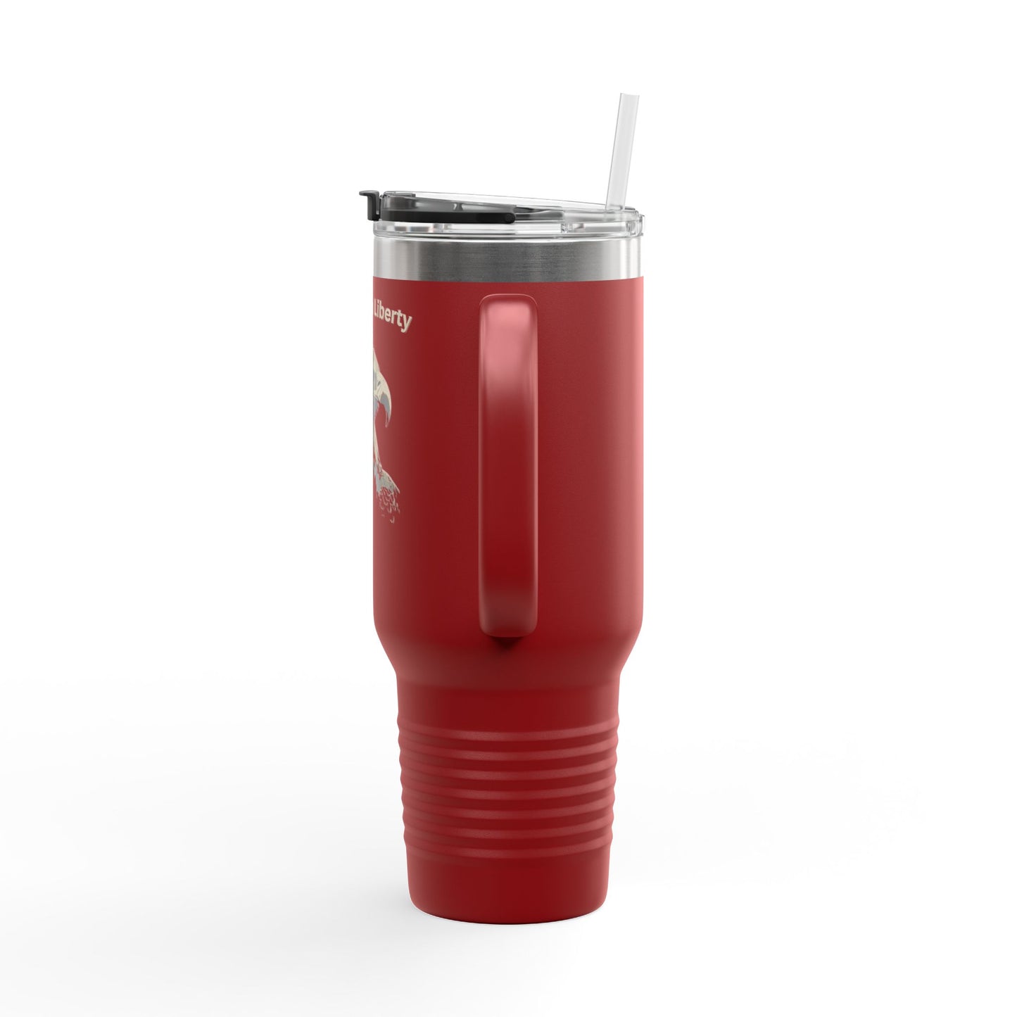Strength in Liberty text on the top of a  40oz Insulated Travel Mug