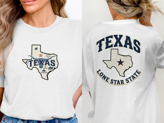 White t-shirt with Texas state outline and city names on front and back.
