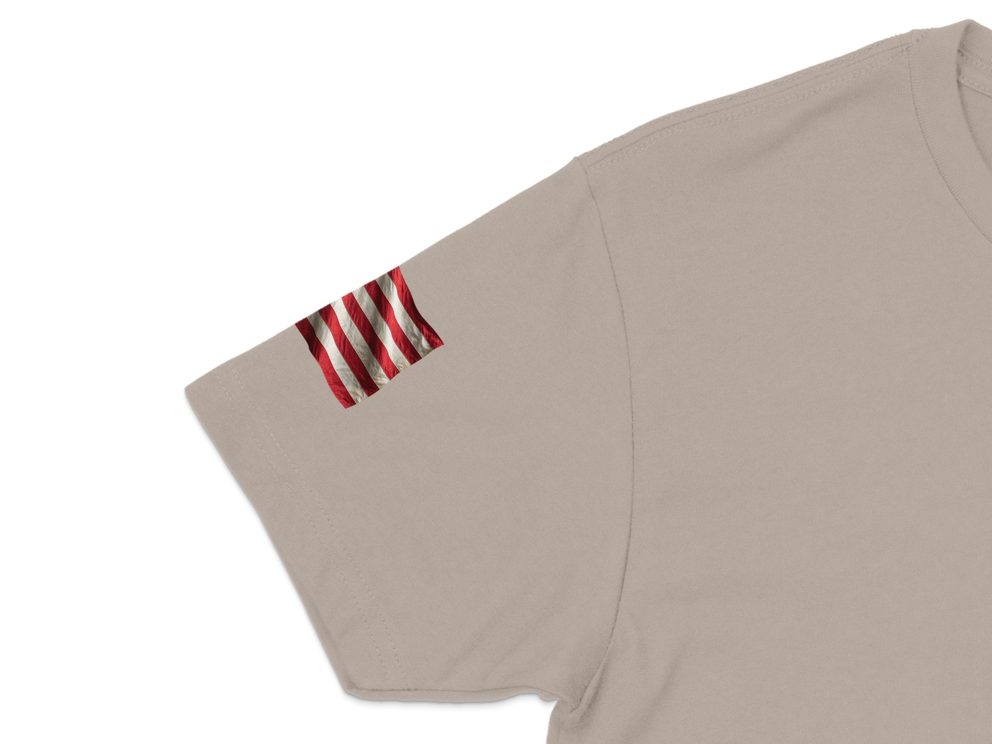 Beige t-shirt with a small American flag detail on the left sleeve.