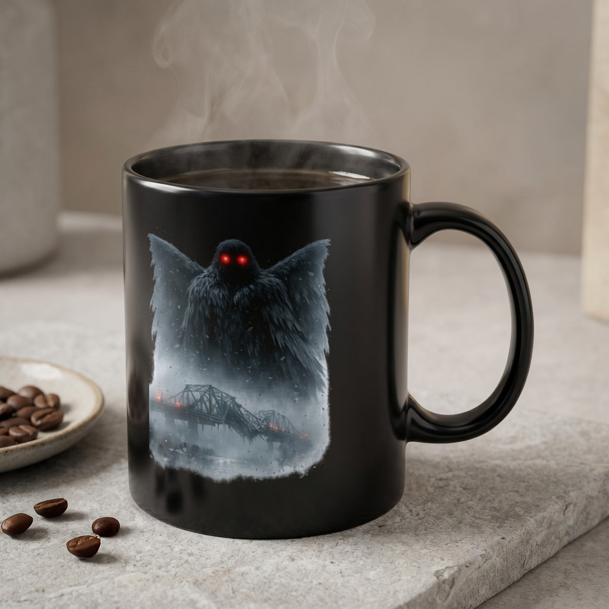 Black mug with a Mothman and bridge design, steaming coffee inside.