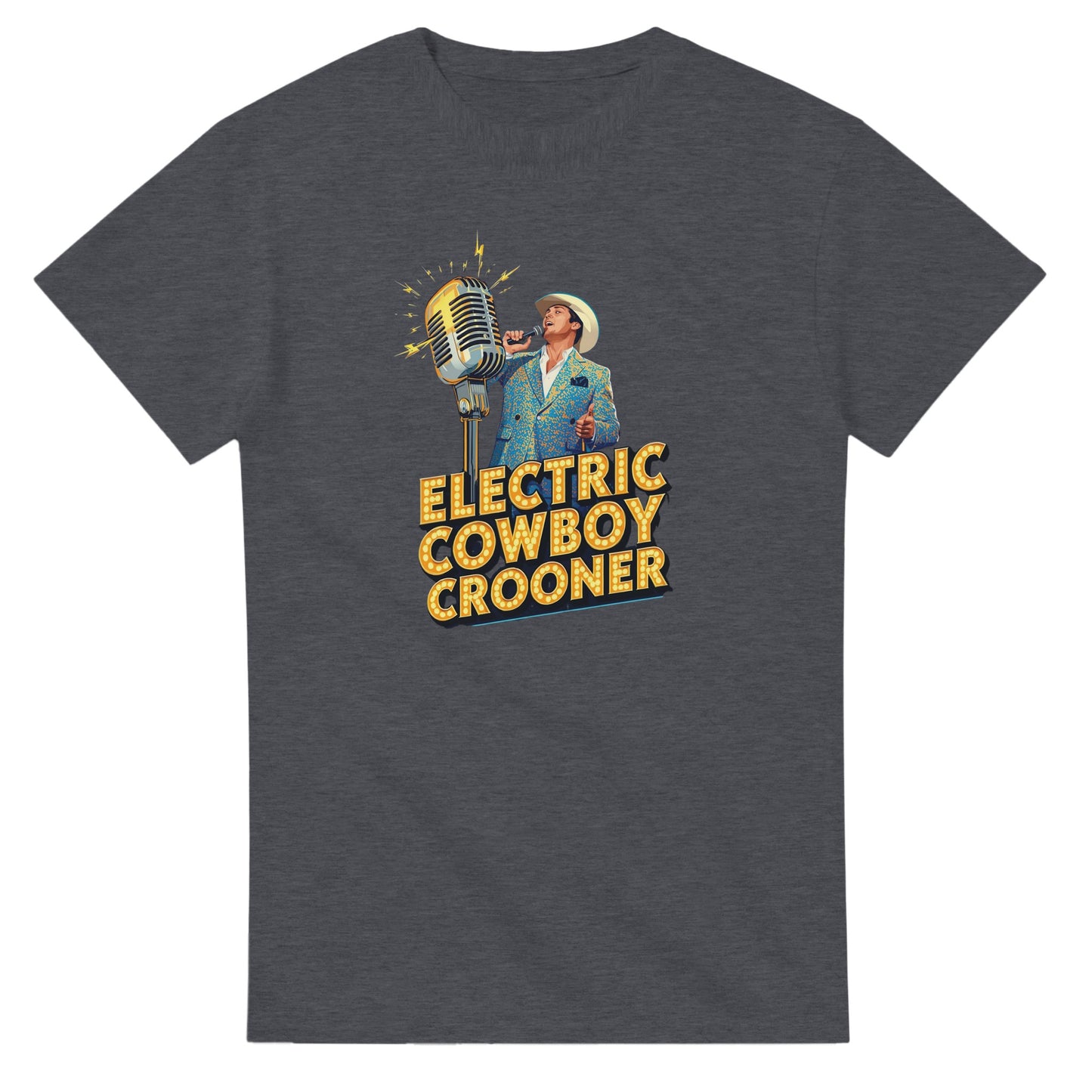 Person wearing a blue t-shirt with 'Electric Cowboy Crooner' design in a mall setting