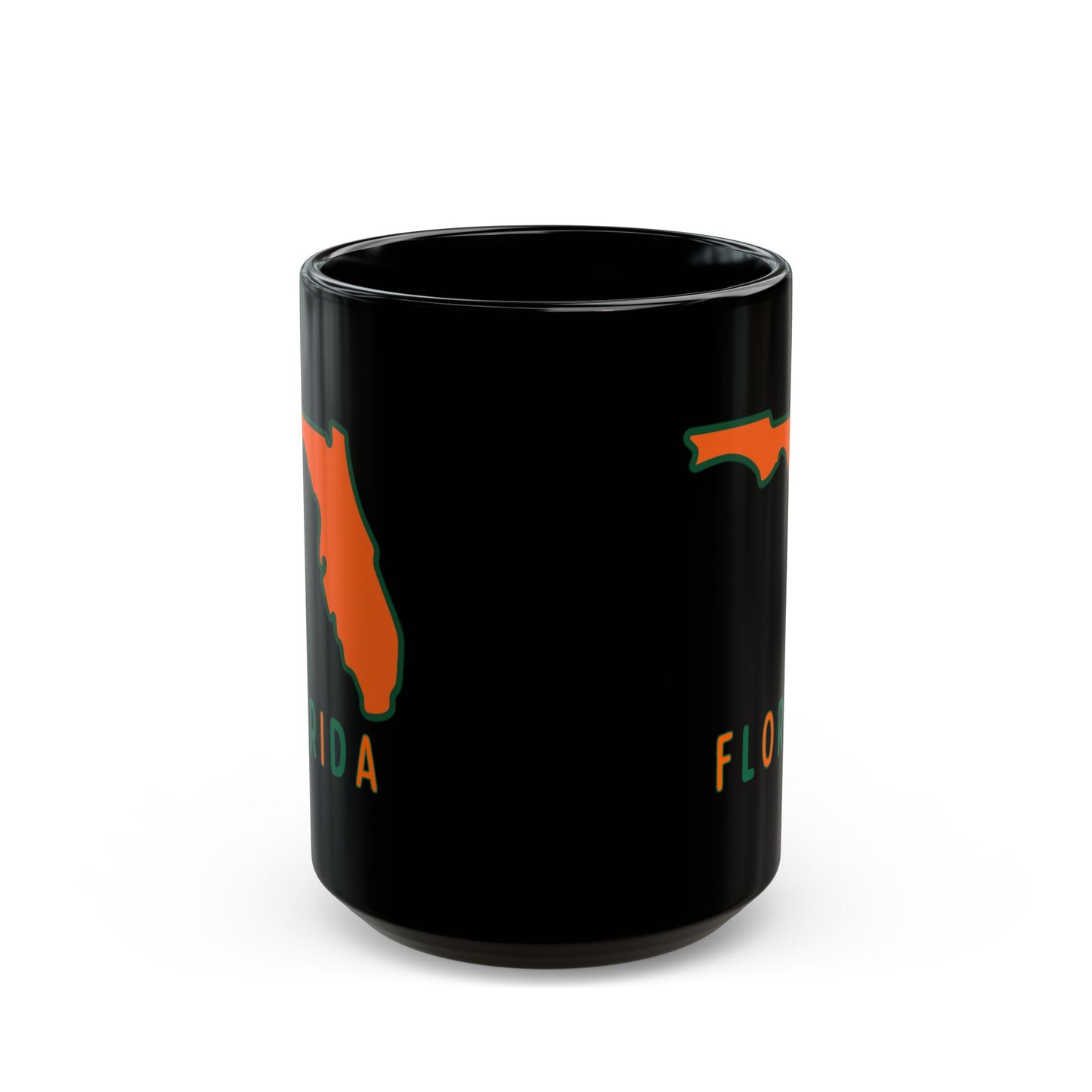 Black mug with Florida map outline in orange and green.